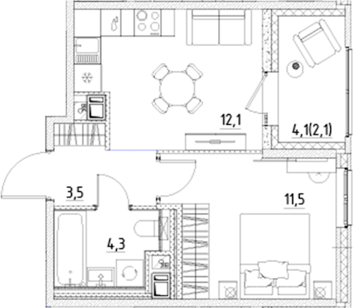 1-комнатная квартира 33.5 м², 10/10 эт., ЖК «Янила Форест»